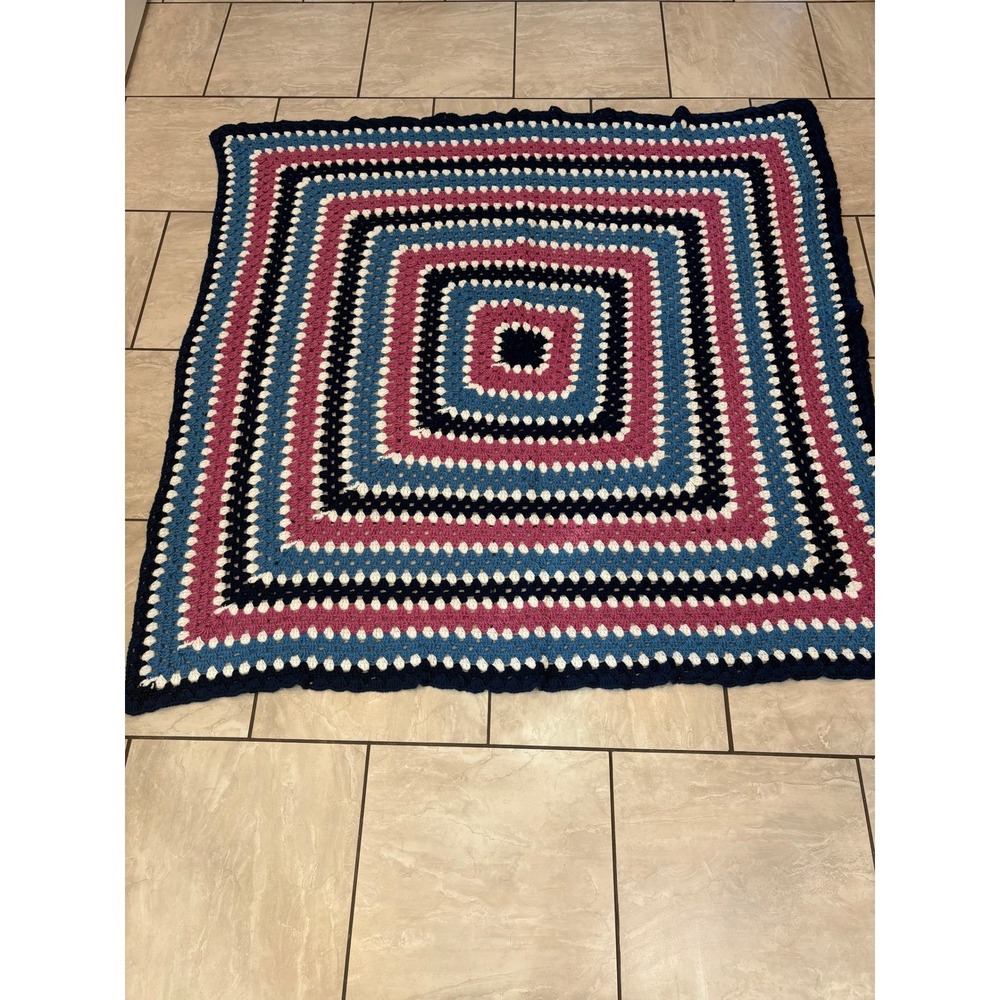 Handmade‎ Granny Square Crochet Blanket Navy Blue Pink White Blue